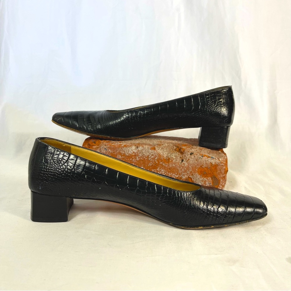 Ferragamo Black Reptile Embossed Leather Square-toe Small Heel fits like a 6.5/7